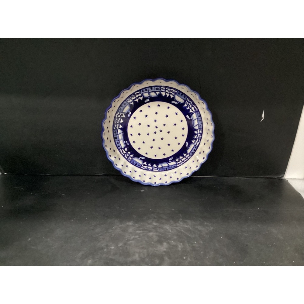 Boleslawiec Polish Pottery Fluted Pie Quiche Dish Winters Eve Cobalt Blue 10.25"